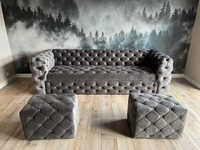 Sofa Cludo + ozdobne pufy